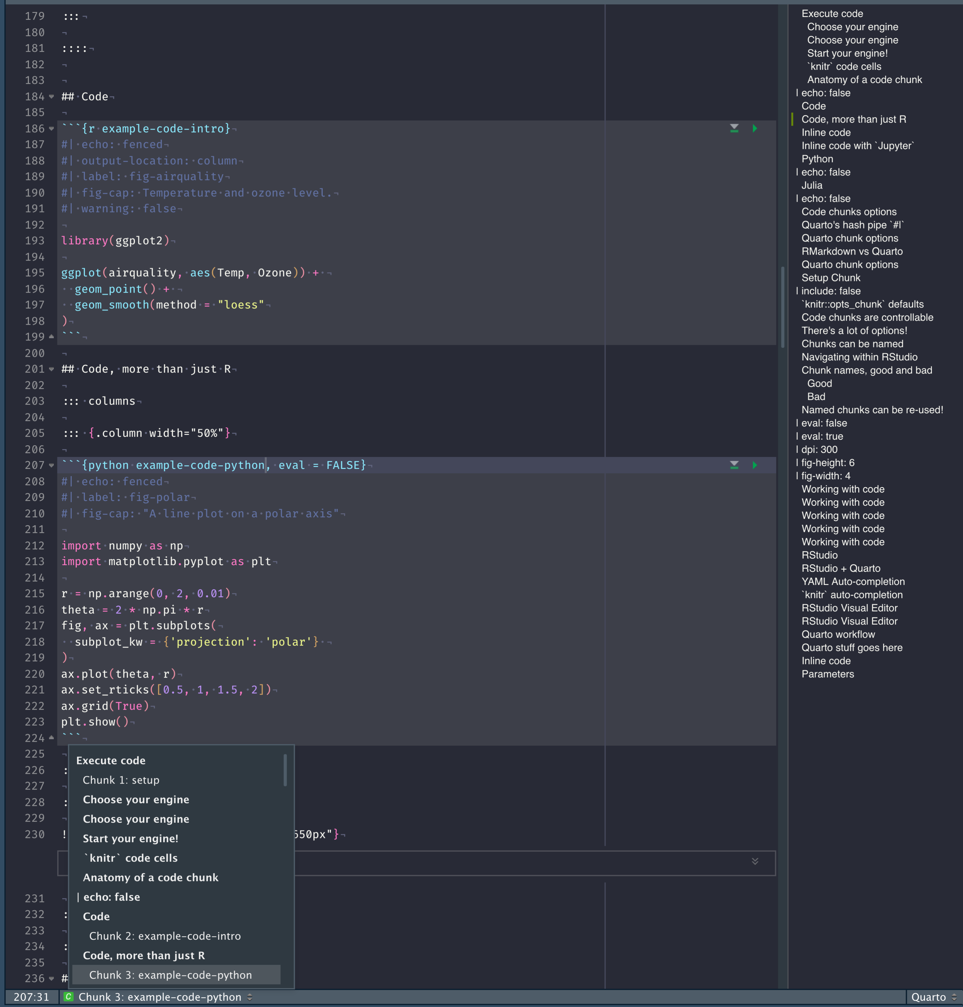 A screenshot of a RMarkdown document inside RStudio. The screenshot highlights the automatically generated document  outline for each chunk name.