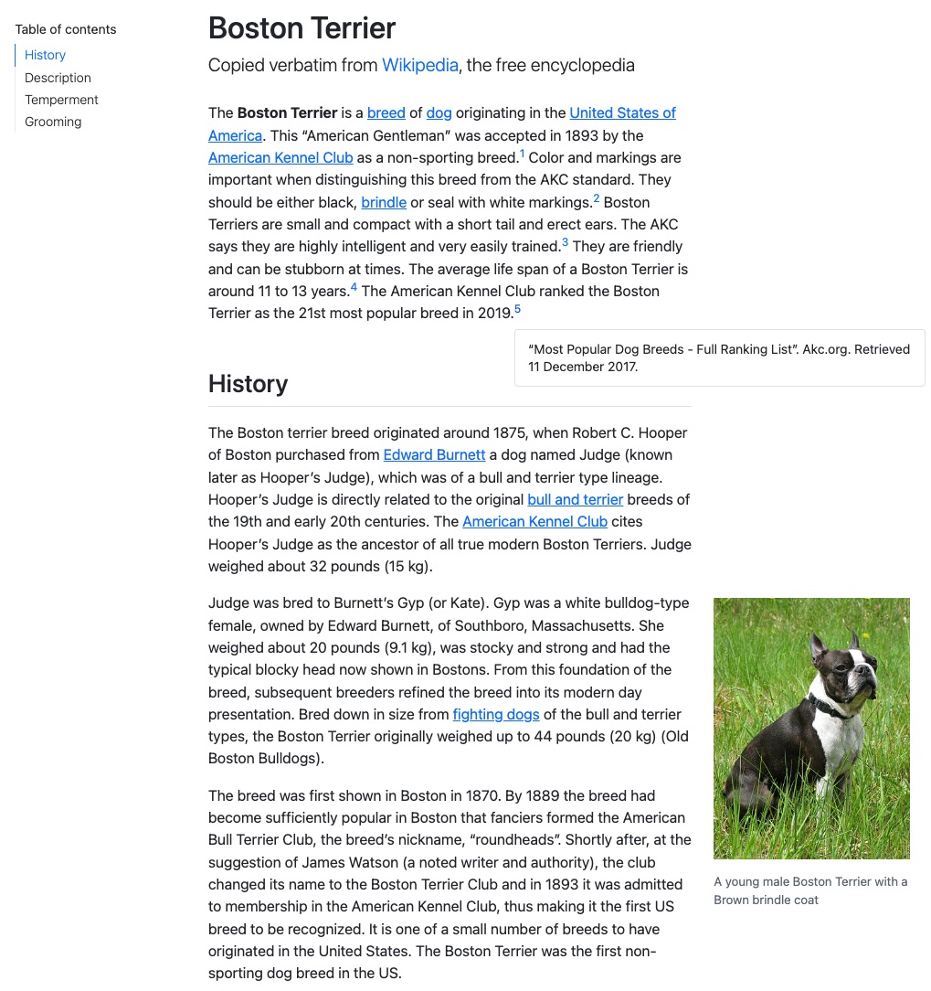 A screenshot of a HTML article about Boston Terriers, the document has an image in the right hard margin, a floating table of contents, and different sections split up by headers