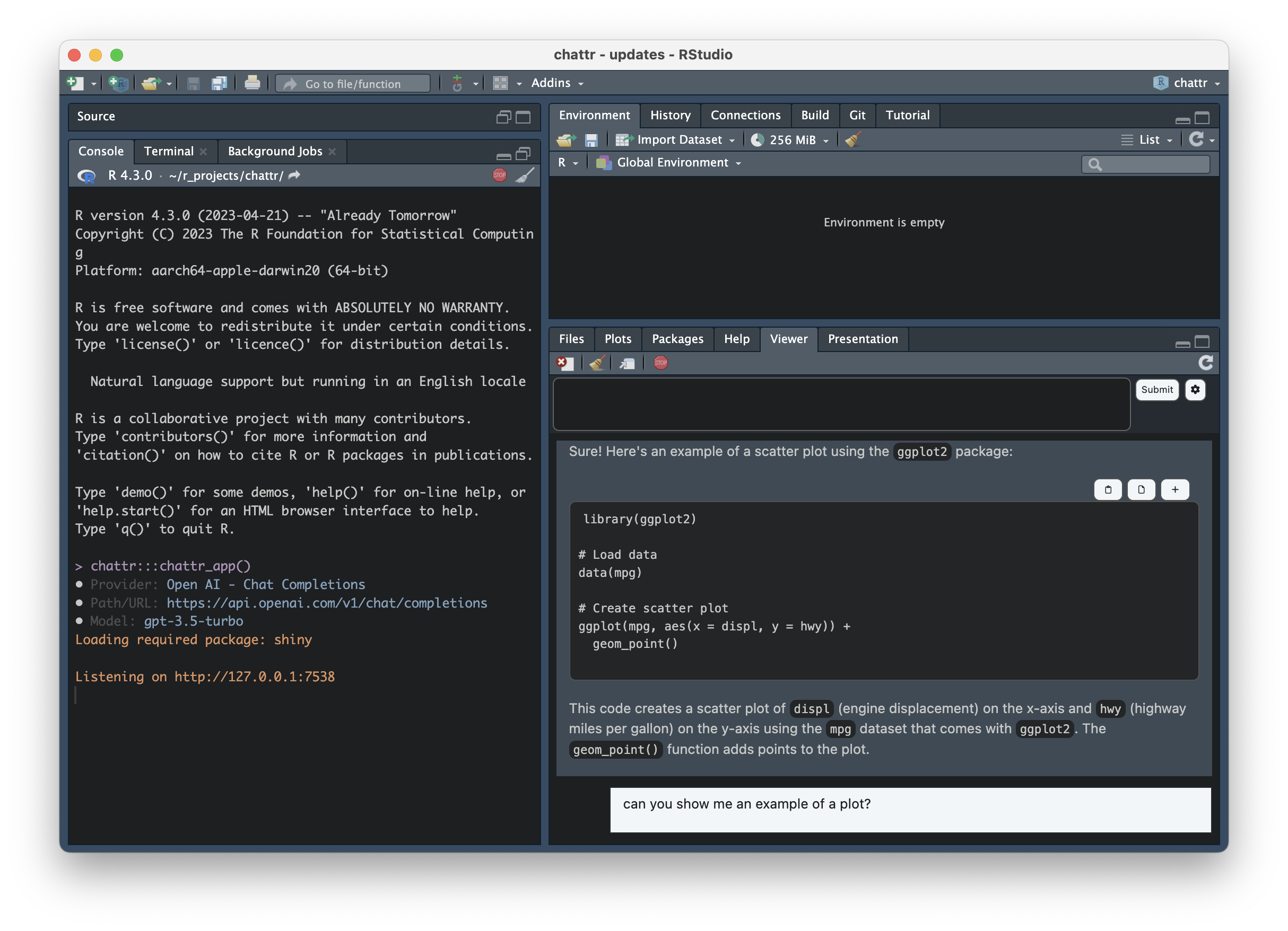 Chat with chattr in RStudio viewer pane